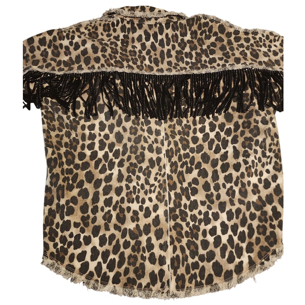 Macaron Women's Leopard Print Denim Shirt Jacket Black Sequin Fringe‎ - Picture 2 of 5